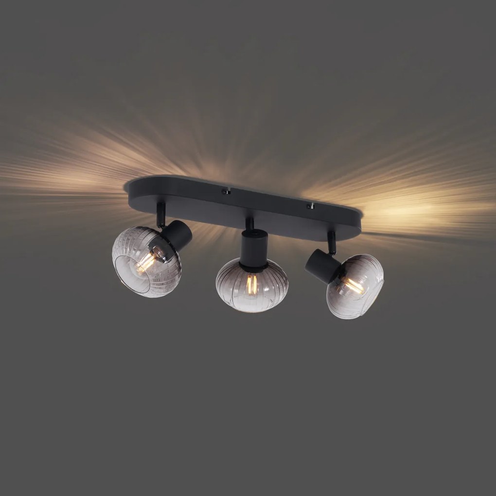 Zaoblené stropné bodové svetlo čierne s dymovým sklom 3-svetlo - Teddy