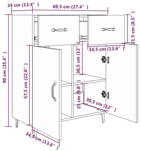 vidaXL Komoda biela 69,5x34x90 cm spracované drevo-