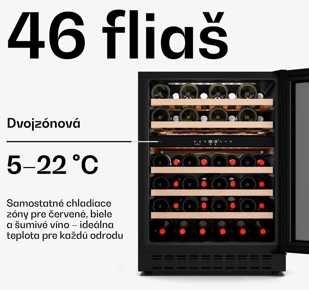 Klarstein Velaire podpultová chladnička na víno, moderná, elegantná, UV ochrana, Dvojzónová, 46 fliaš