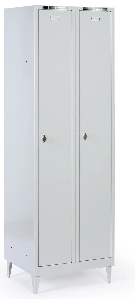Plechová šatníková skrinka S8 na nohách, 2-dverová, 1920 x 600 x 500 mm, otočný zámok, sivé dvere