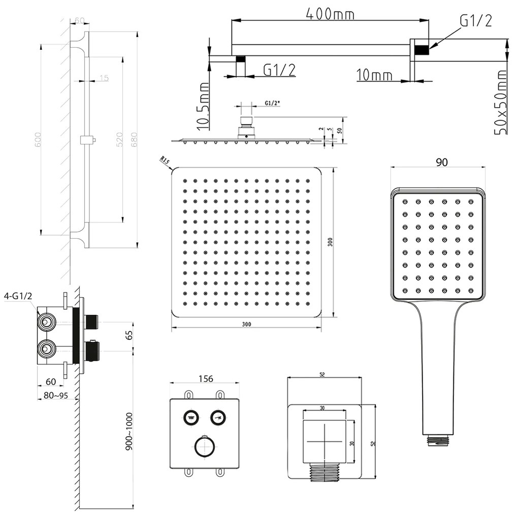 Sapho Sapho, SMART SELECT sprchový set s termostatickou batériou, 2 výstupy, posuvný držiak sprchy, čierna mat, RP042B-02
