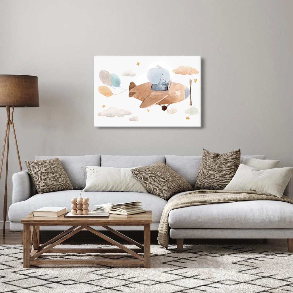 Obraz - Akvarelový slon v lietadle (90x60 cm)