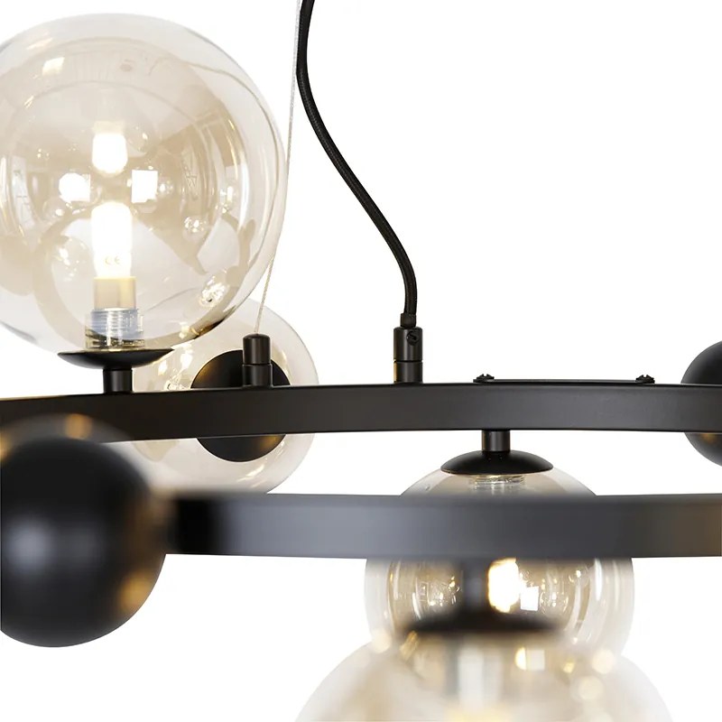 Art deco závesná lampa čierna s jantárovým sklom 12 svetiel - David