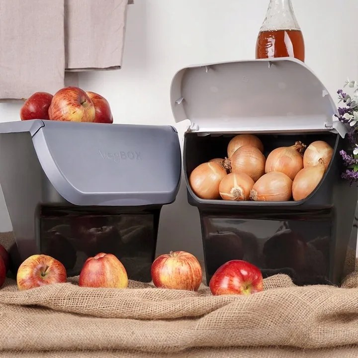 Úložný box na zemiaky a cibuľu s vetraním, VEGBOX sivý (14l - 10kg zemiakov)