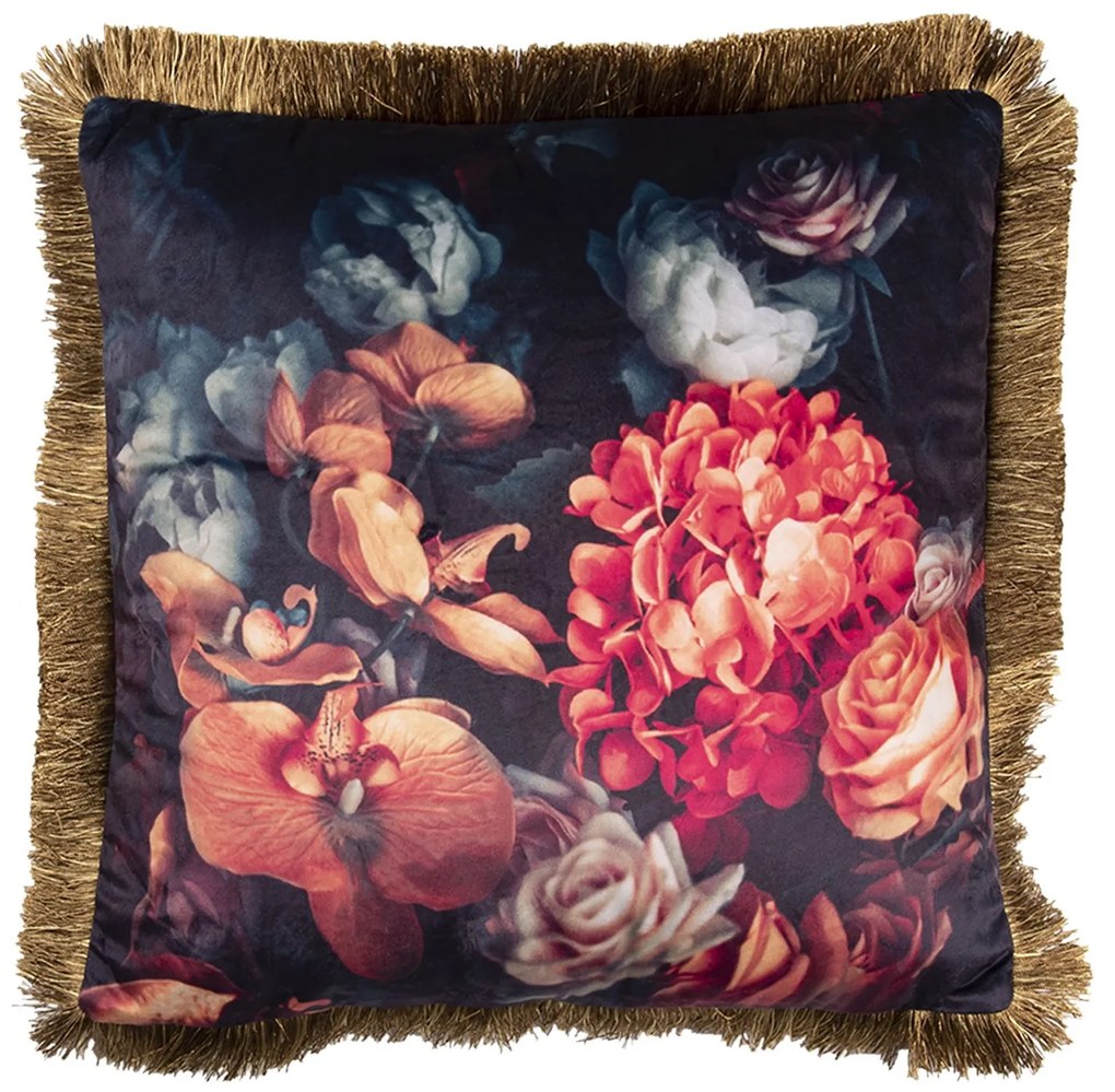 Čierny vankúš s motívom orchidejí a strapcami - 45 * 45 cm