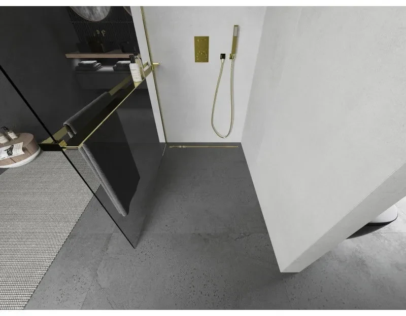 Mexen Kioto, sprchová zástena Walk-In Walk-in 125 x 200 cm, 8mm číre sklo, zlatý lesklý profil + vešiak na uteráky s poličkou, 800-125-121-50-00