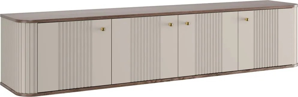 Závesný TV stolík Vespera 4D 187 cm - kašmírová / orech / zlatá