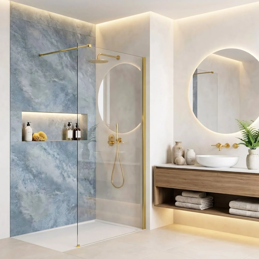 Bezrámová sprchová zastena REA FLEXI GOLD 130 cm, zlatá lesk/transparent - bez vaničky