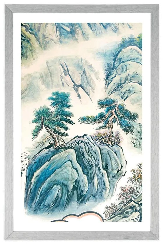 Plagát s paspartou čínska krajinomaľba - 30x45 silver