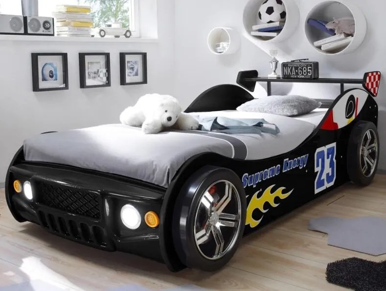 Detská závodná posteľ Energy 90x200 cm, čierne auto s osvetlením