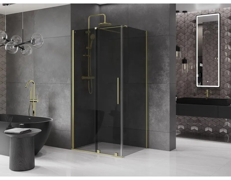 Mexen Velar, sprchový kút s posuvnými dverami 140 x 90 cm, 8mm šedé sklo, zlatá matná, 871-140-090-41-55