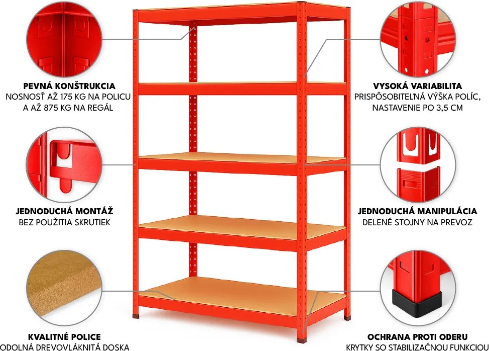 Regál 180x90x40 cm lakovaný 5-policový, nosnosť 875 kg - červený