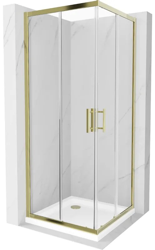 Mexen Rio, štvorcový sprchovací kút s posuvnými dverami 90(dvere) x 90(dvere) x 190 cm, 6mm číre sklo, zlatý profil + biela sprchová vanička SLIM, 860-090-090-50-00-4010G
