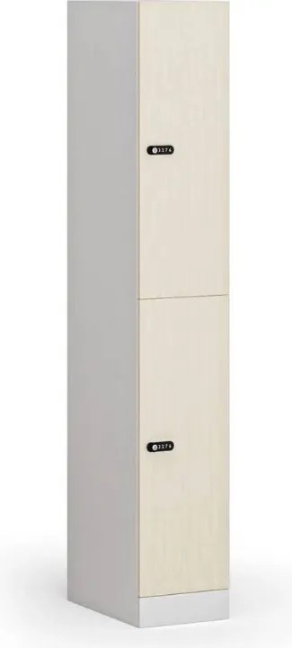 Šatníková skrinka S1 s úložnými boxmi, 2 boxy, 1850 x 300 x 500 mm, mechanický kódový zámok, laminované dvere, breza