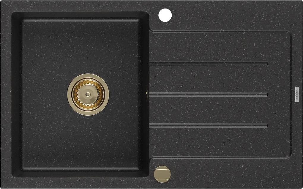 Mexen Bruno, drez granitový 795x495x200 mm, 1-komorový, čierna-strieborná metalíza so zlatým sifónom, 6513791010-73-G