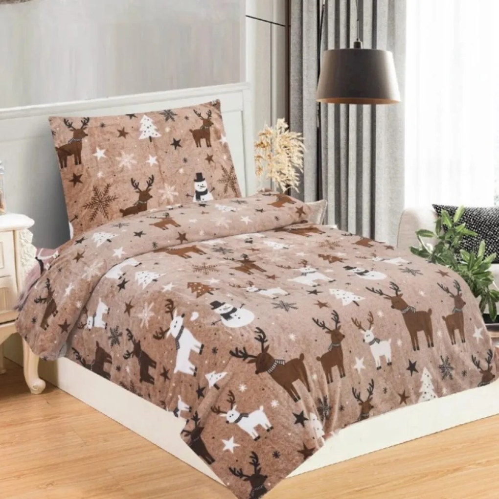 Mikroplyšové obliečky vianočné Rozprávka hnedá 200x140cm+90x70cm TiaHome