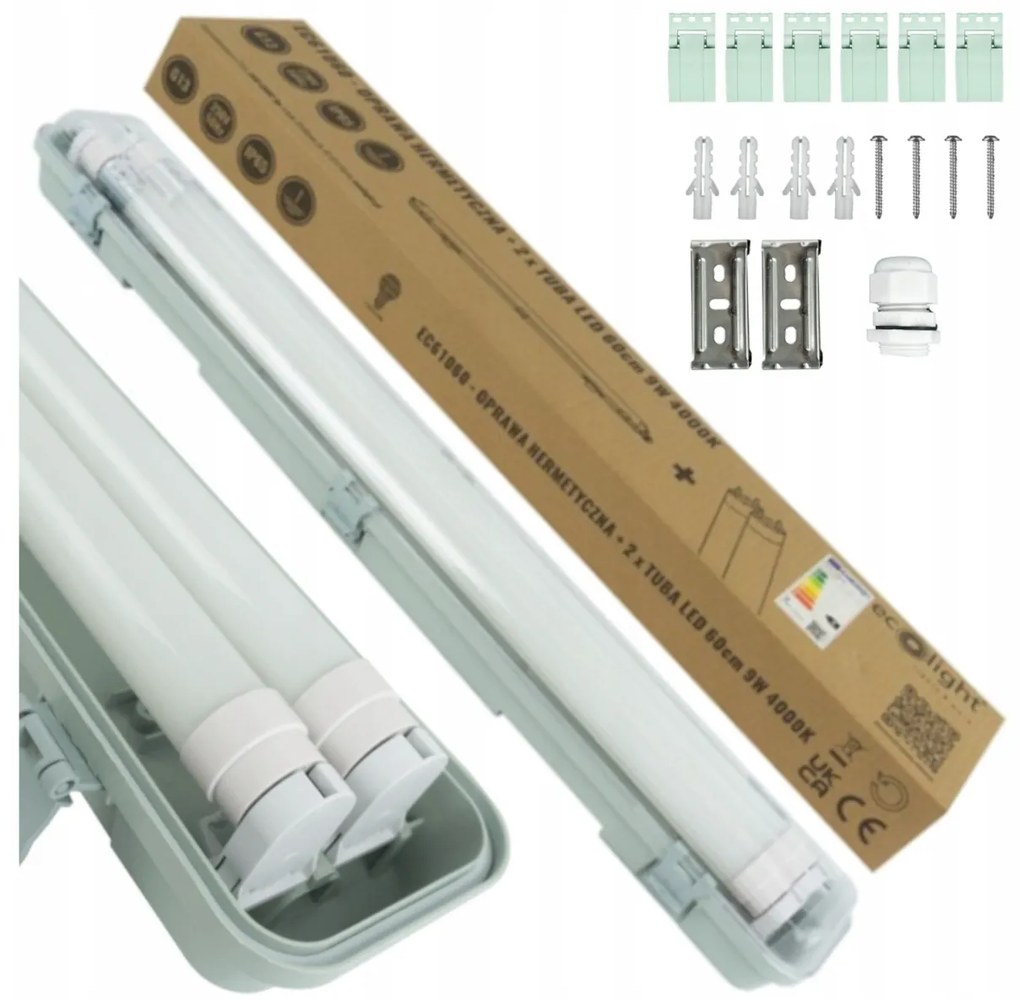ECOLIGHT Hermetické svietidlo 60cm + 2x LED trubica studená biela - SET