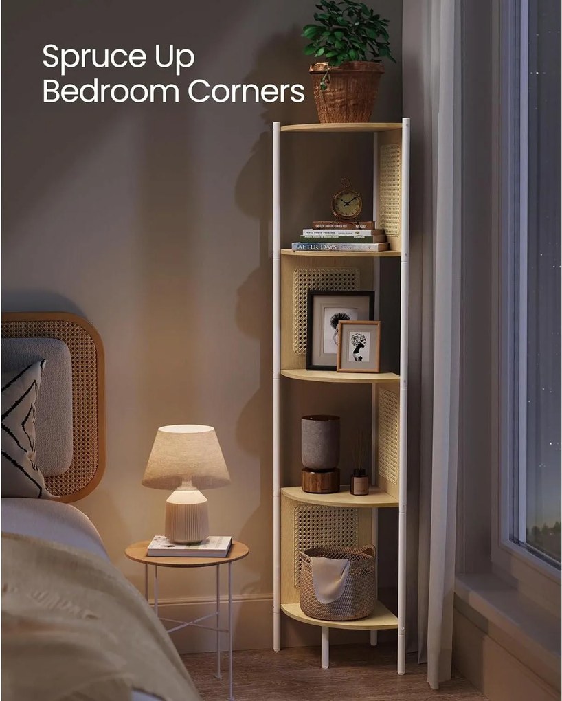 5-úrovňová rohová polica, polica na knihy s polyratanovými stranami, farba dub a béžová