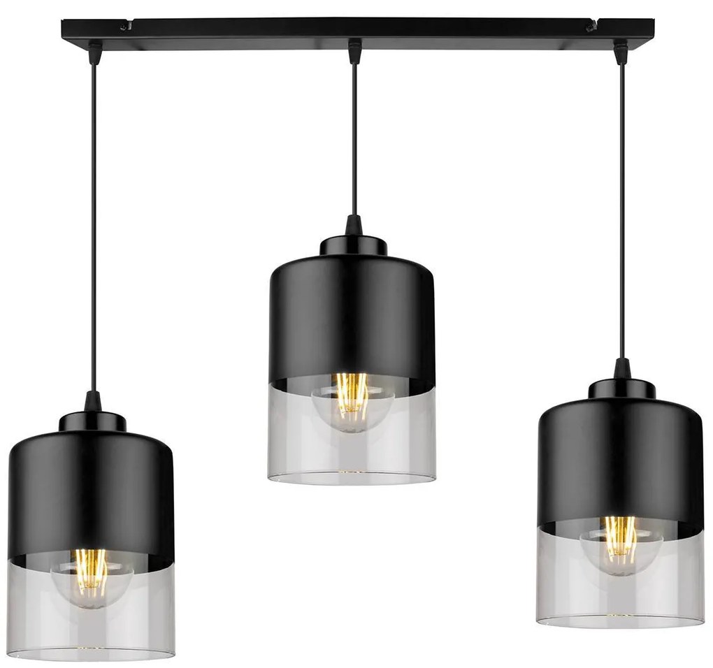 Závesné svietidlo Roma, 3x čierne/transparentné sklenené tienidlo