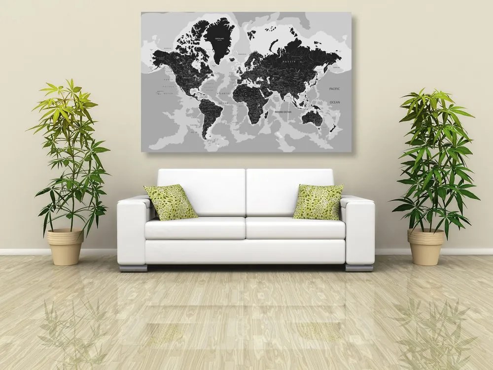 Obraz podrobná mapa sveta v čiernobielom prevedení