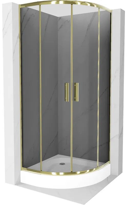 Mexen Rio, štvrťkruhový sprchovací kút s posuvnými dverami 90(dvere) x 90(dvere) x 190 cm, 6mm šedé sklo, zlatý profil + biela sprchová vanička RIO, 863-090-090-50-0-4710