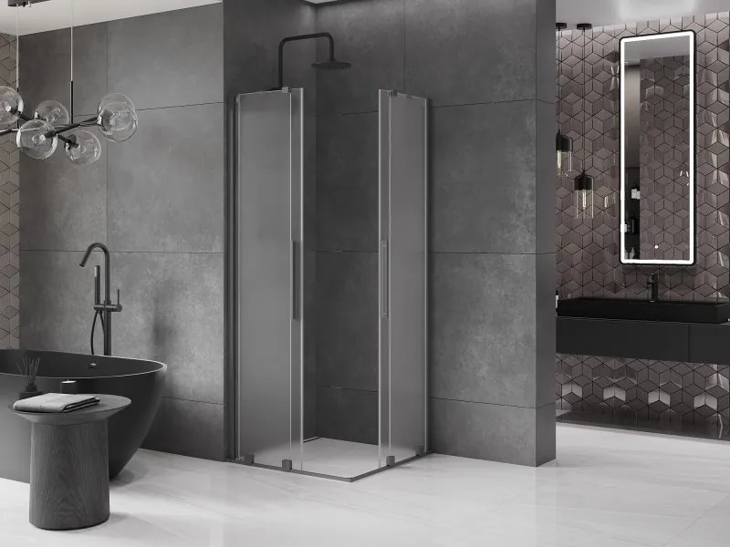 Mexen Velar Duo, sprchový kút s posuvnými dverami 90 x 90 cm, 8mm sklo námraza, brúsený grafit, 871-090-090-32-95