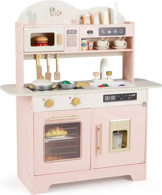 Detská kuchynka s úložným priestorom a 17 doplnkami Drevená detská kuchynka Hračka kuchynka Ružová