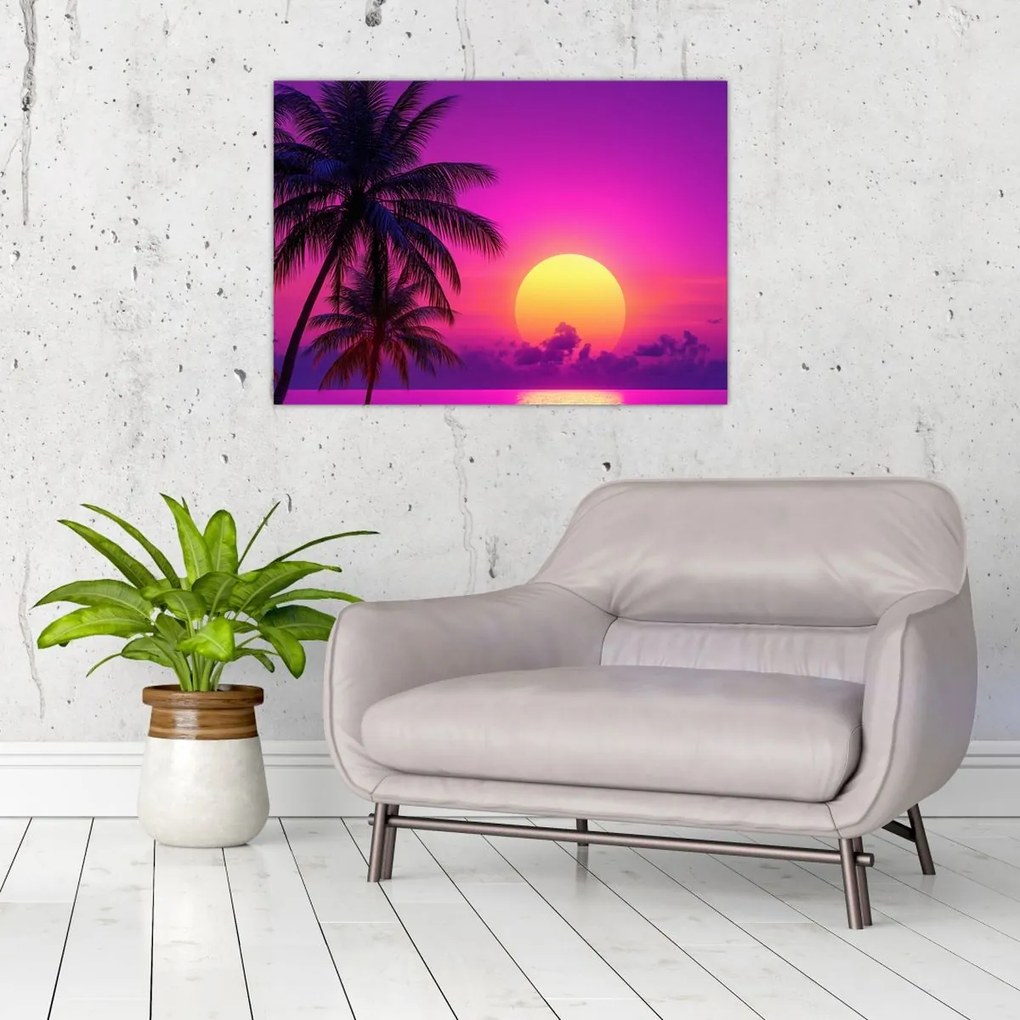 Obraz - Fialový západ s palmou (70x50 cm)