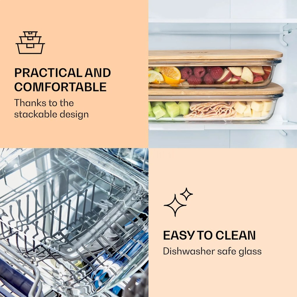 Klarstein Desiatový box s bambusovým uzáverom, 1,6 l, 2-dielna sada, odolný voči teplu, sklo, bambus