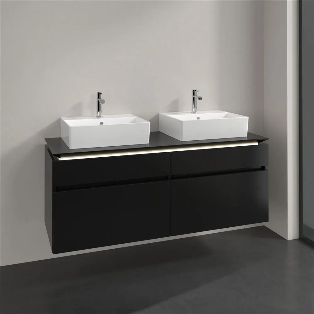 VILLEROY &amp; BOCH Legato závesná skrinka pod dve umývadlá na dosku, 4 zásuvky, s LED osvetlením, 1400 x 500 x 550 mm, Black Matt Lacquer, B669L0PD