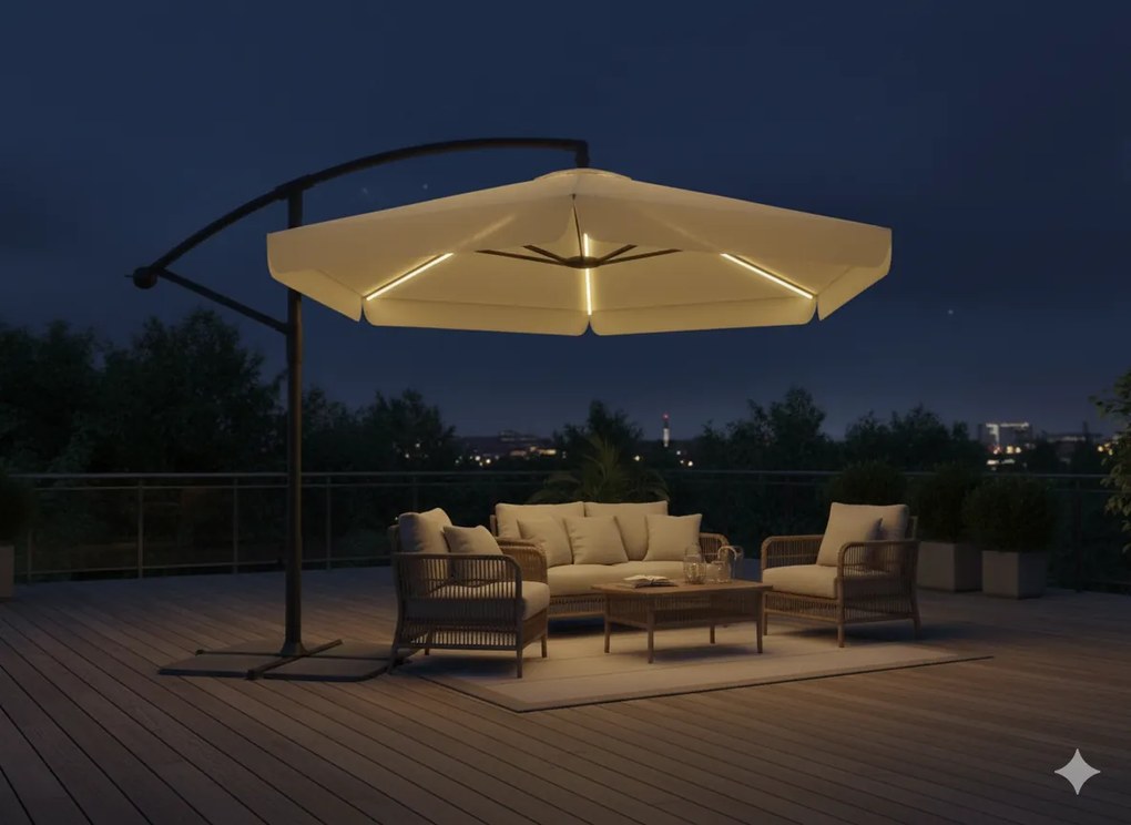 CH Krémový záhradný slnečník Banana s obalom+LED/3m