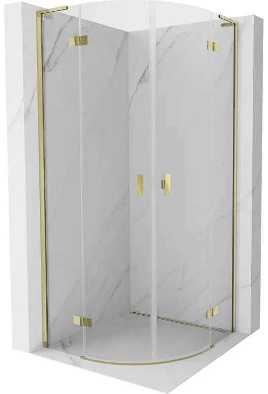 Mexen Mist L, štvrťkruhový sprchový kút s 2-krídlovými dverami, 90 x 90 cm, číre sklo, zlatý lesklý profil, 8A33L-090-090-50-00
