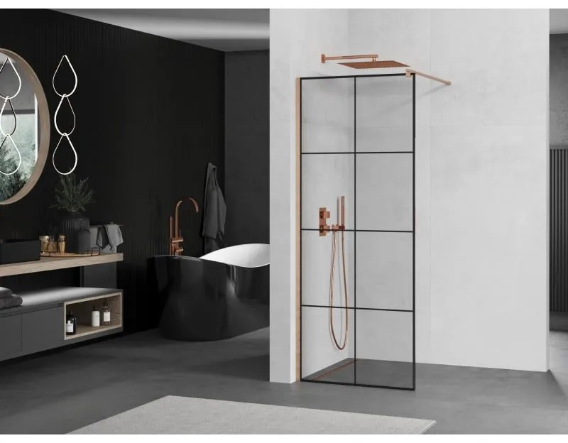 Mexen Kioto, sprchová zástena Walk-In 70 x 200 cm, 8mm číre sklo čierny vzor, medený matný profil, 800-070-101-65-77