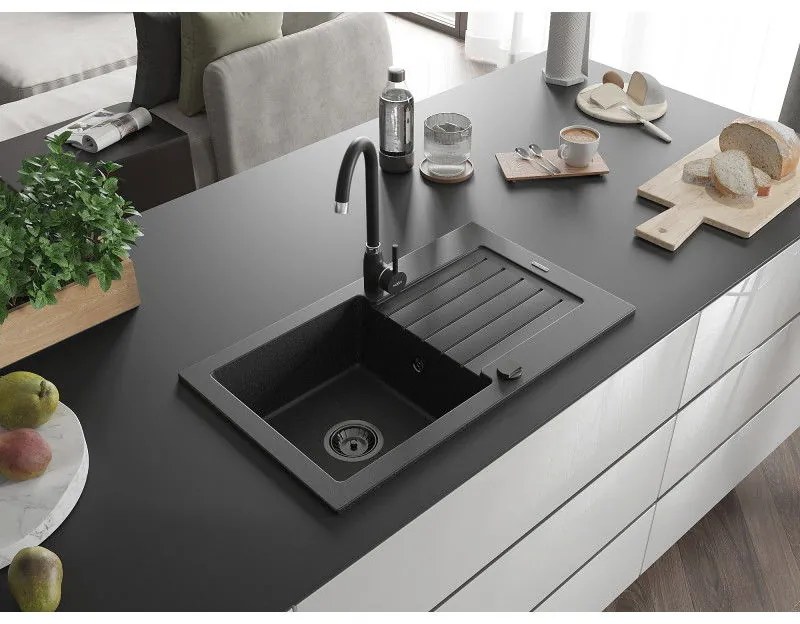 Mexen Pablo, granitový drez 752x436x161 mm, 1-komorový a čierna batéria Telma, čierna-strieborná metalíza, 6510-73-670200-70-B