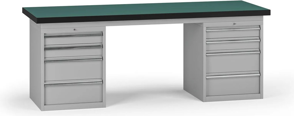 Pracovný stôl do dielne G8, 2100 x 750 x 800 mm, 2x kontejner, 8 zásuviek, sivá