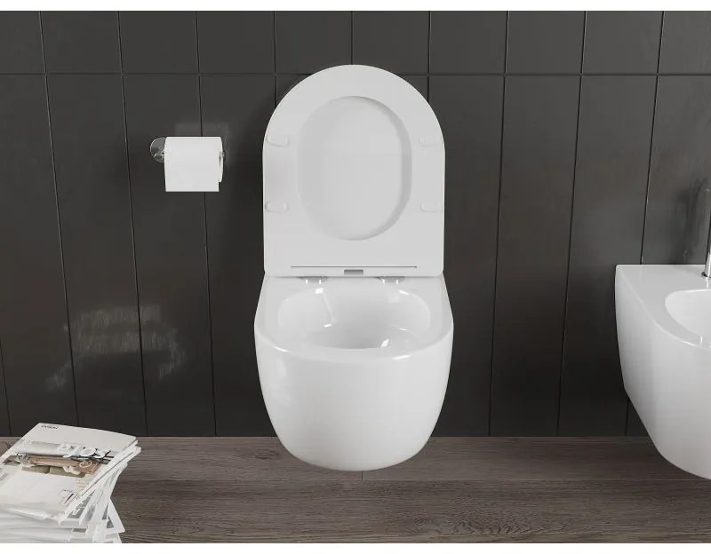 Mexen Carmen, závesná WC misa 490x365x340 mm, Rimless Tornádo + WC sedadlo z duroplastu, biela lesklá, 30880300T