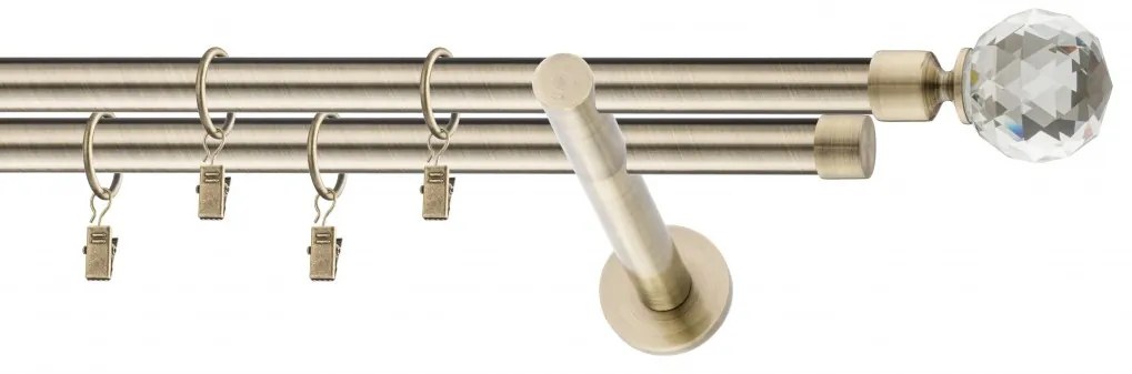 Dekorstudio Mosadzná dvojradová garniža CRYSTAL 19mm Dĺžka: 320cm, Typ uchytenia: Držiak dvojitý modern, Typ príslušenstva: Krúžky tiché so štipcami