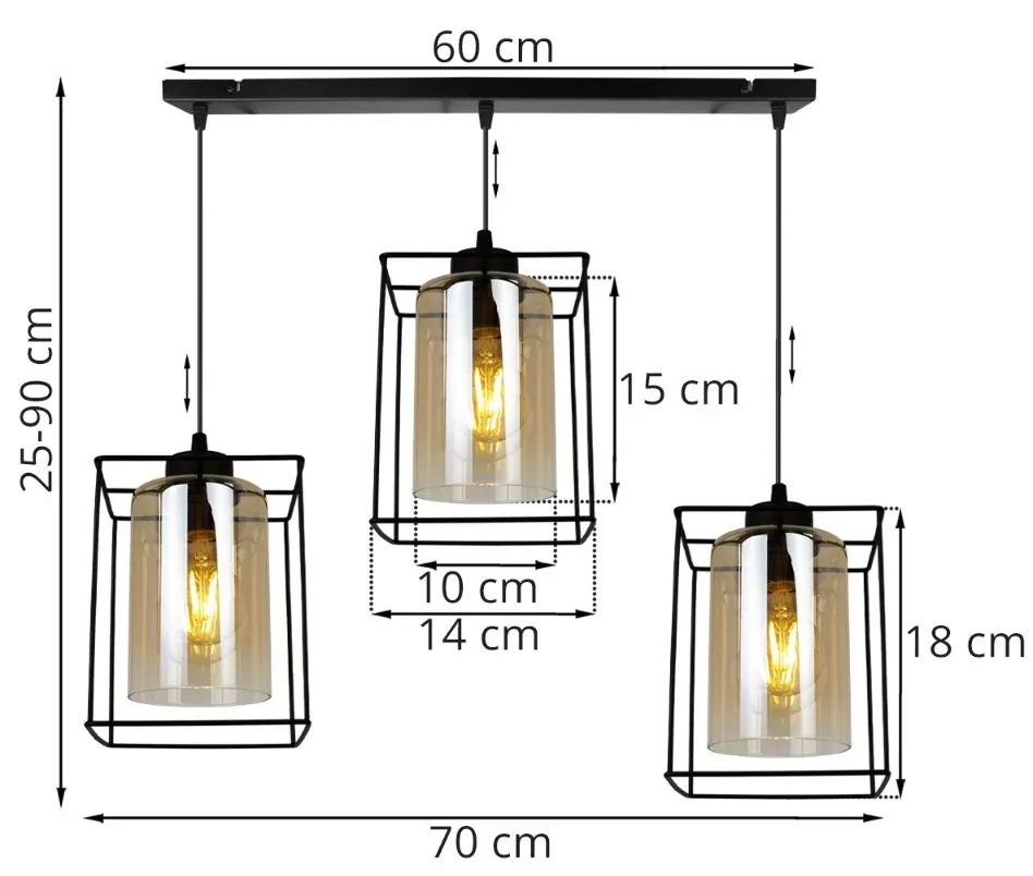 Závesné svietidlo HELLA CAGE, 3x medové sklenené tienidlo v kovovom ráme