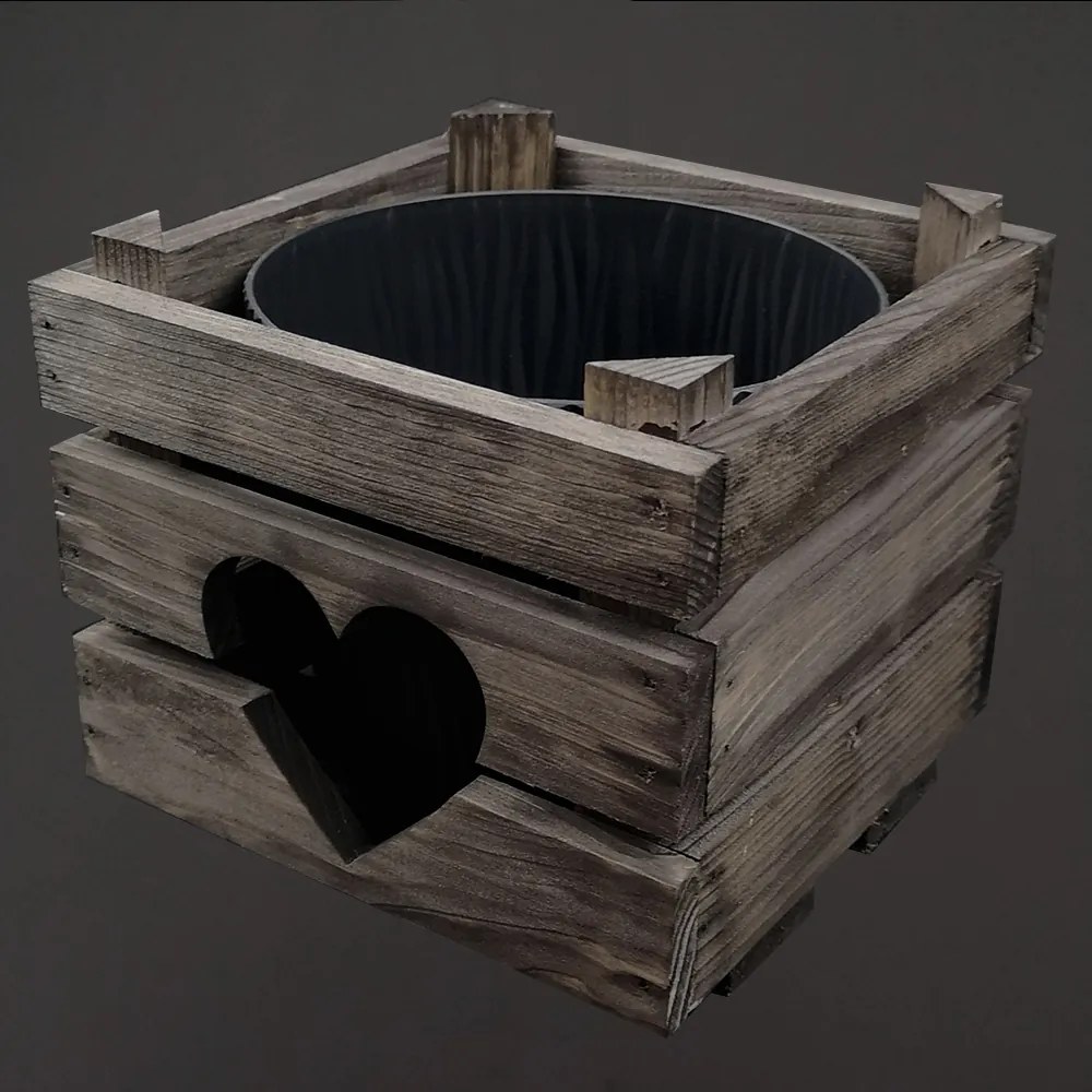 AMADEA Drevený obal so srdiečkom s kvetináčom tmavý, 17x17x15cm Český výrobok