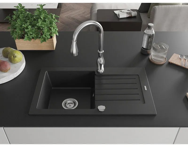 Mexen Pablo, granitový drez 752x436x161 mm, 1-komorový a drezová batéria Savita, čierna, 6510-77-672601-00