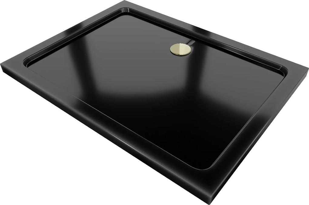 Mexen Flat, akrylátová sprchová vanička 110x70x5 cm SLIM, čierna, zlatý sifón, 40707011G
