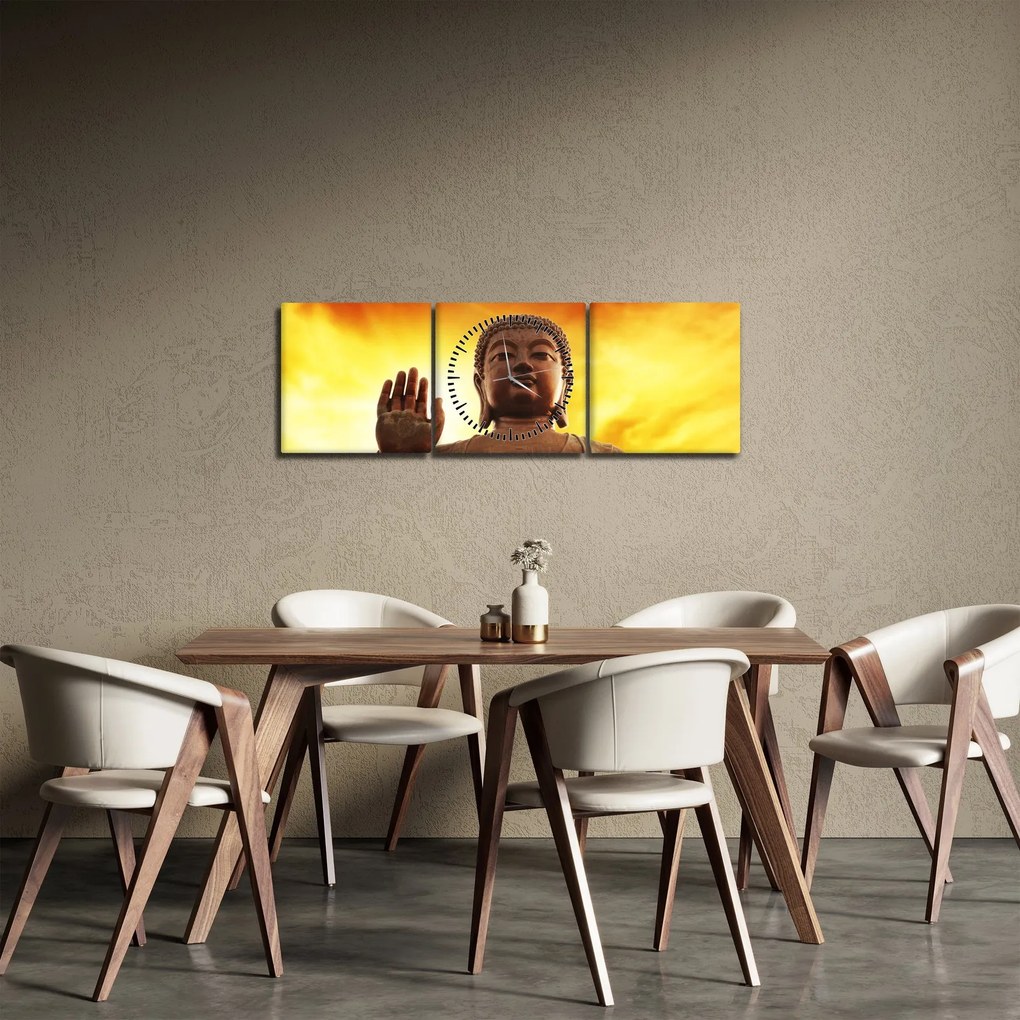 Obraz - Budha s červenožltým pozadím (s hodinami) (90x30 cm)