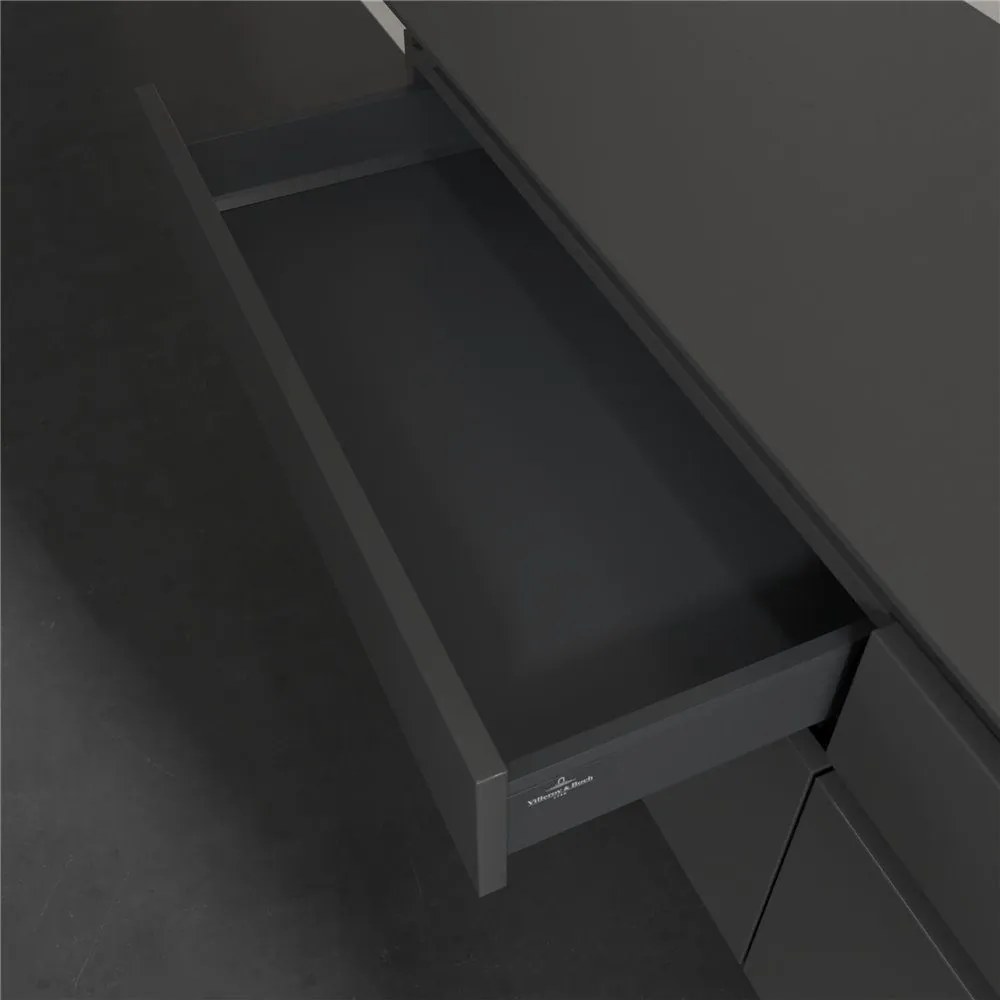 VILLEROY &amp; BOCH Legato závesná skrinka pod umývadlo na dosku (umývadlo vpravo), 4 zásuvky, s LED osvetlením, 1600 x 500 x 550 mm, Glossy Grey, B598L0FP
