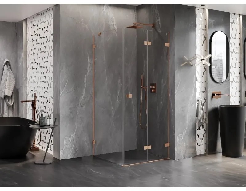 Mexen Lunar-F, 1-krídlový sprchový kút so skladacími dverami, pravý, 100 x 100 cm, 8mm číre sklo, medený profil, 836-100-100-65-00-P