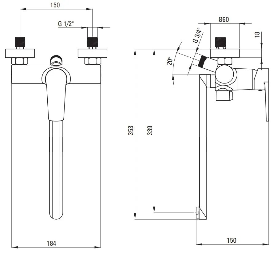 Deante Tubo, nástenná vaňová batéria s predĺženým ramenom 339mm, chrómová, DEA-BUT_056M