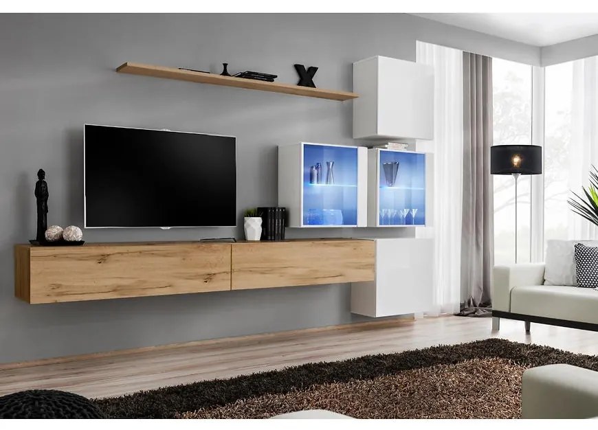 Obývacia stena Switch XIX Sklo +LED  Wotan/Biely