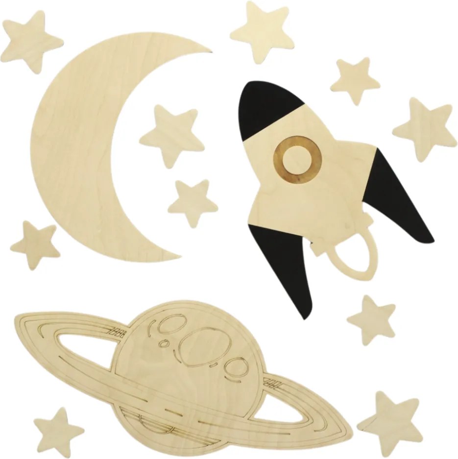 Vesmírna drevená nástenná dekorácia pre deti – Mesiac, raketa, Saturn + 10 hviezd