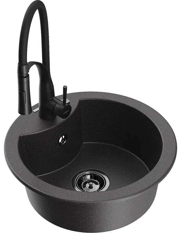 Mexen Diego, 1-komorový granitový drez 488x488x167 mm a drezová batéria Aster, čierna škvrnitá, 6512-76-73450-70-B