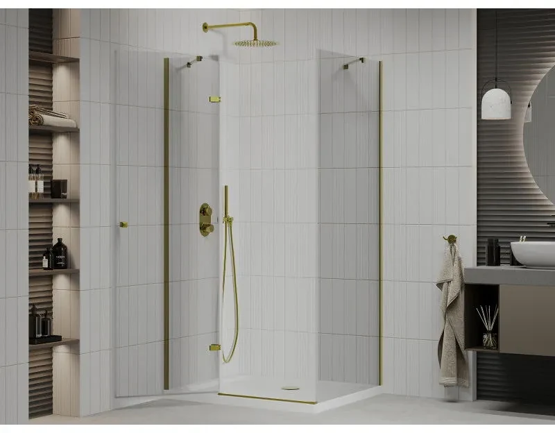 Mexen Roma, sprchovací kút 120 (dvere) x 70 (stena) cm, 6mm číre sklo, zlatý profil + slim sprchová vanička 5cm, 854-120-070-50-00-4010