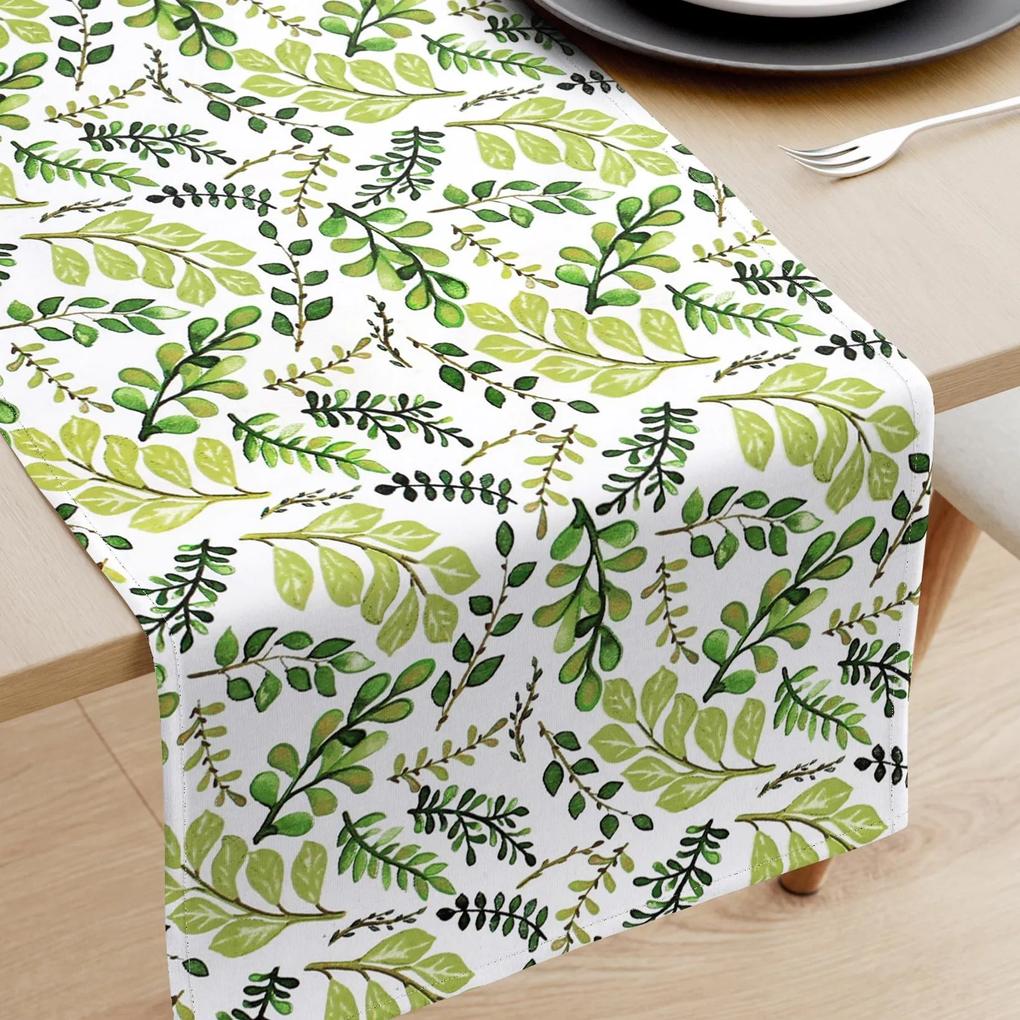 Goldea behúň na stôl 100% bavlnené plátno - zelené lístočky 20x160 cm
